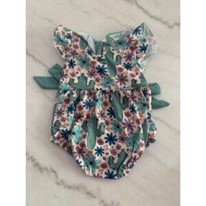 Baby Girls Cactus & Floral Print Romper With Bow Details & Ruffle Collar
